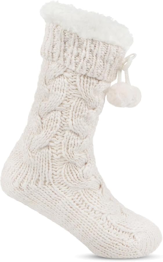 THE TOÉ Shard Knit Down white totes toasties® Ladies Luxury Chunky Knit Slipper-Sox With Tassel